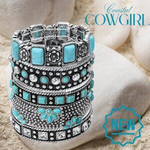 Turquoise Stone Inset Silver Dipped Coastal Cowgirl Western Stretch Bracelet NEW